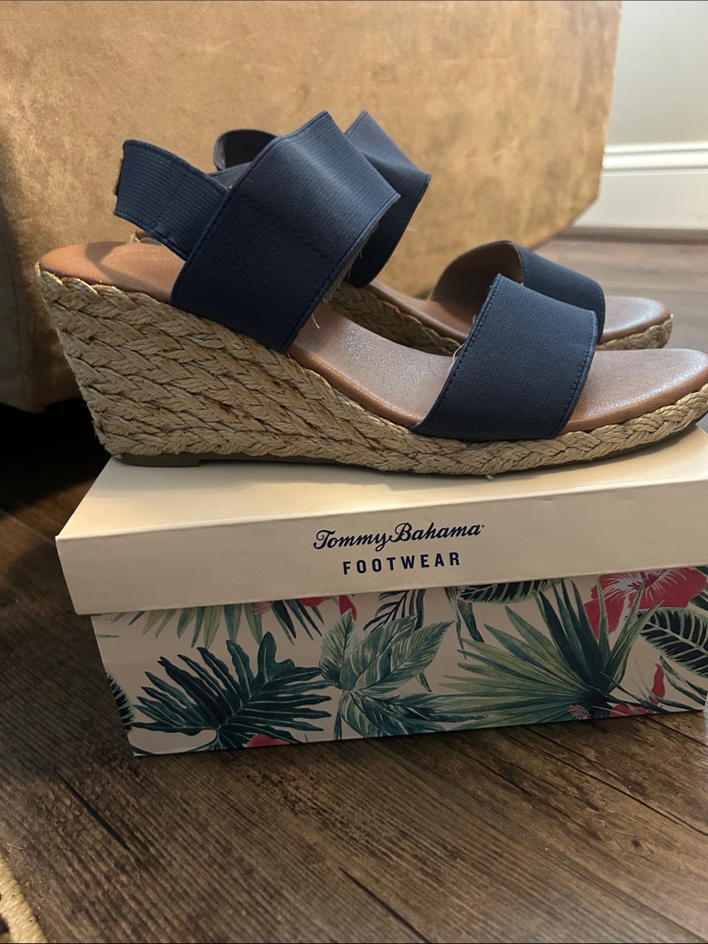 Tommy Bahama Navy Elastic Strap Wedge Sandals with Tan Footbed